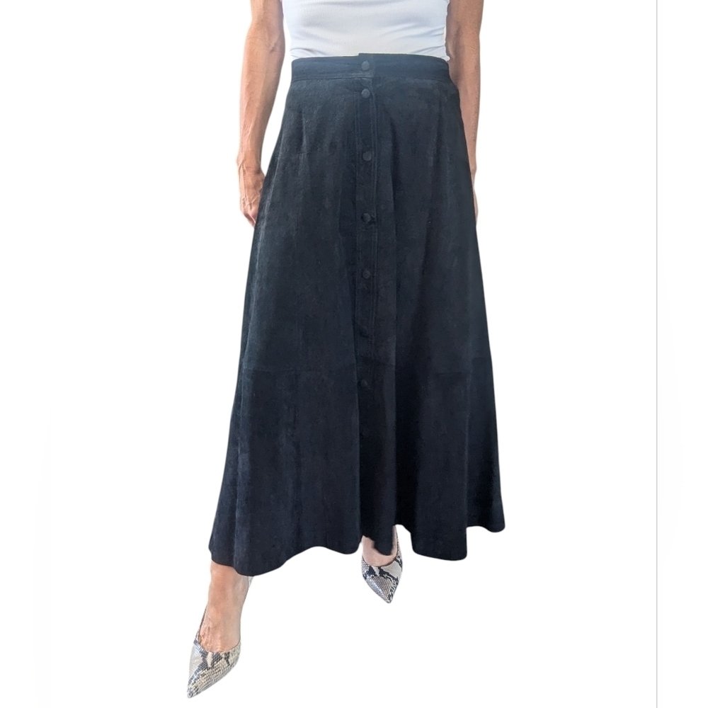 Vintage Black Leather Maxi Skirt M Snap Front A-Line Y2K